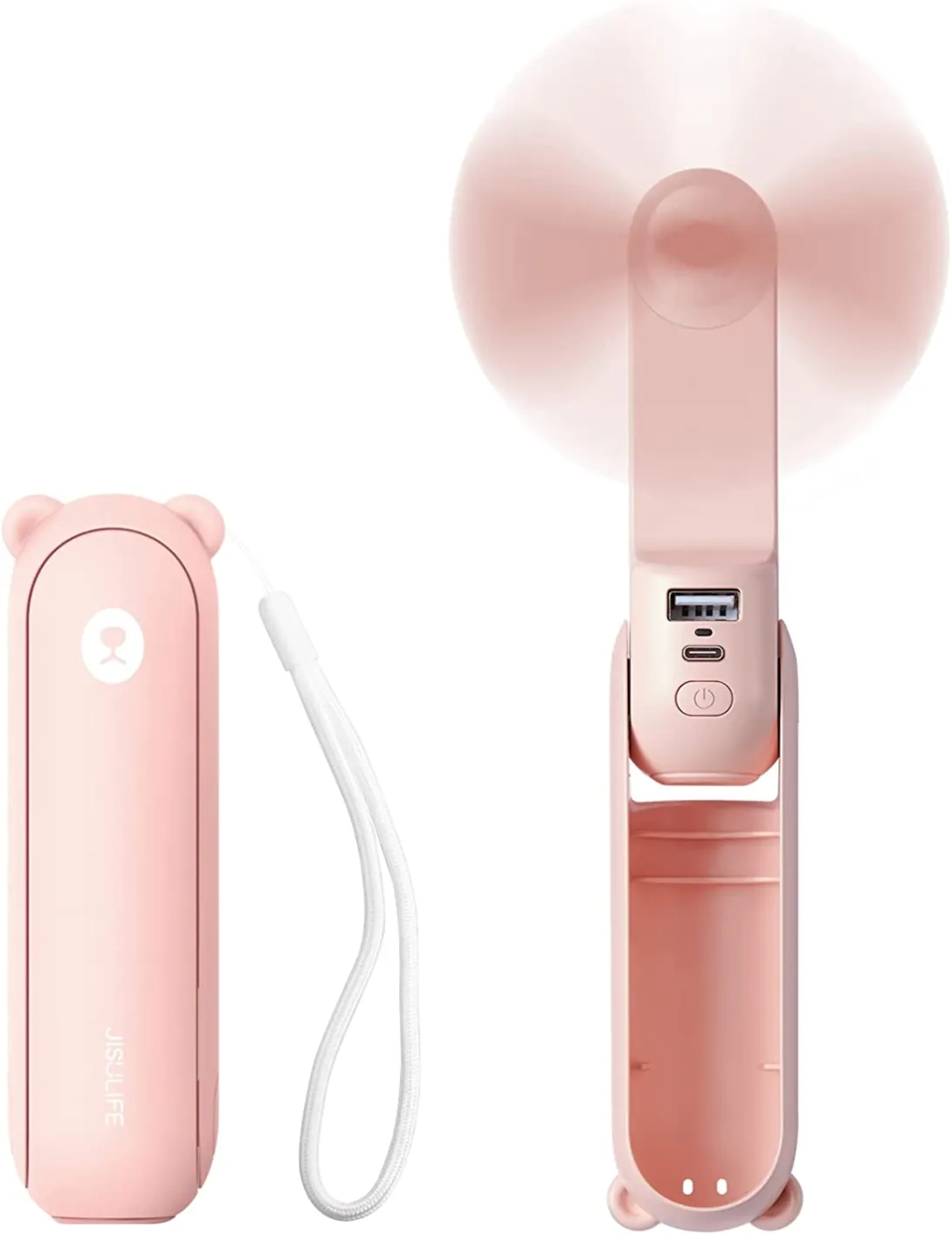 Pink portable handheld fan with cover and wrist strap, fan blades in motion.