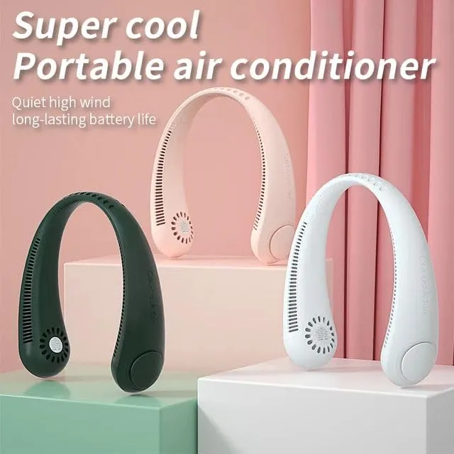 Three portable neck fan air conditioners in black, pink, and white on pastel blocks.
