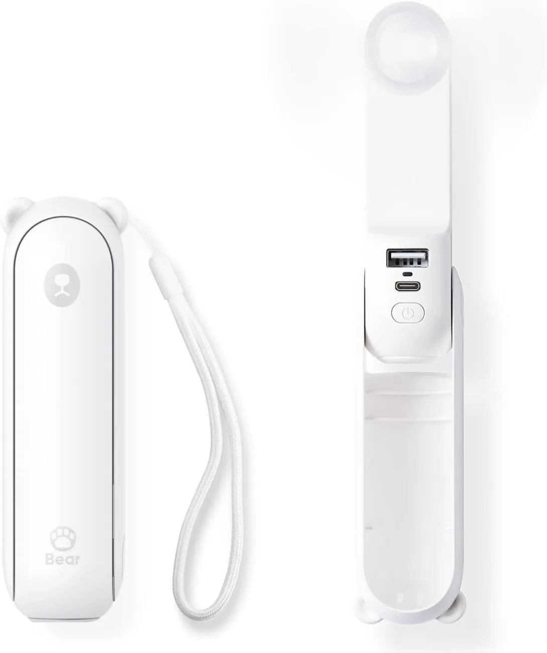 White handheld UV sterilizer wand with wrist strap, shown open and closed.
