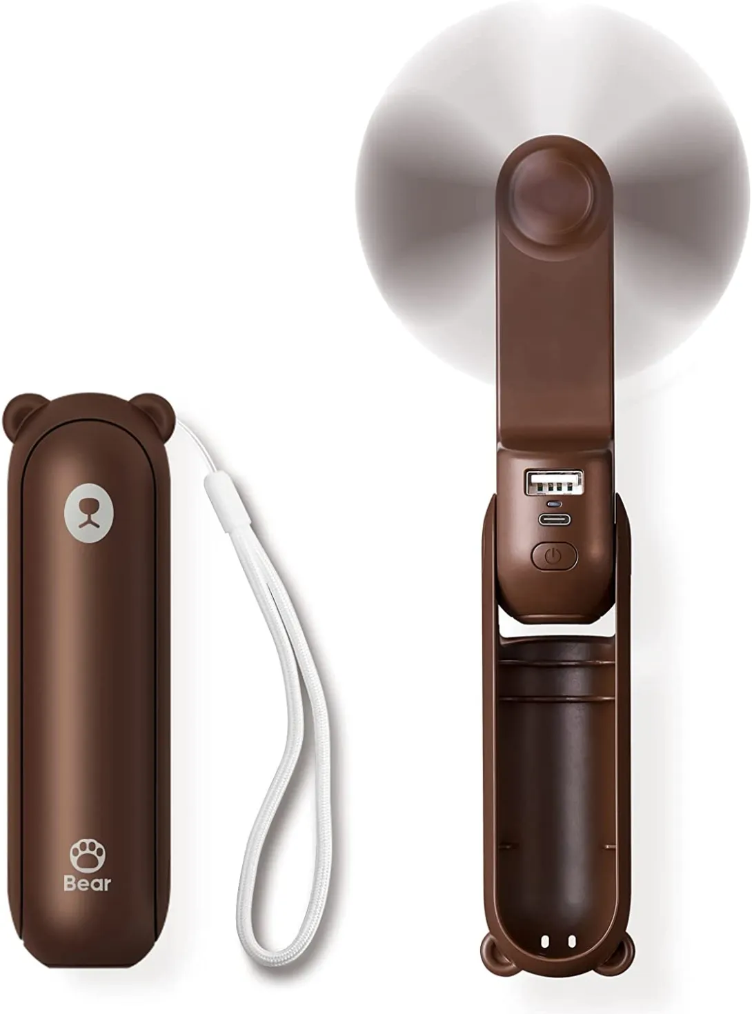 Brown handheld portable fan with bear ears and matching case, one fan is open and running.