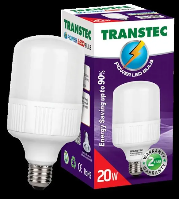 White LED bulb next to purple and white Transtec packaging, labeled 20W.