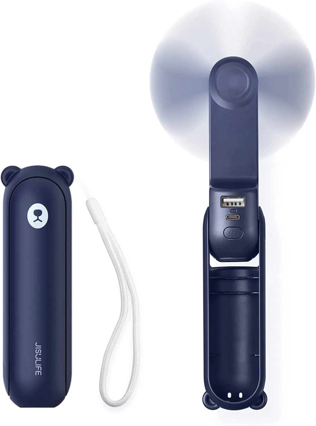 Dark blue portable handheld fan with cover and attached white wrist strap.