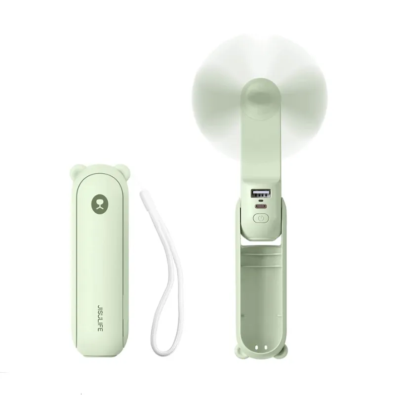 Portable handheld fan in light green, shown closed and open with blades spinning.