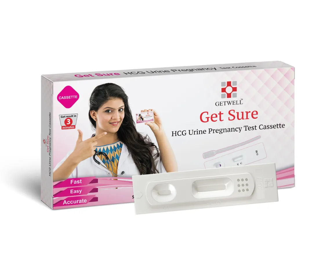 Pregnancy test kit box with smiling woman holding a test and giving a thumbs up.