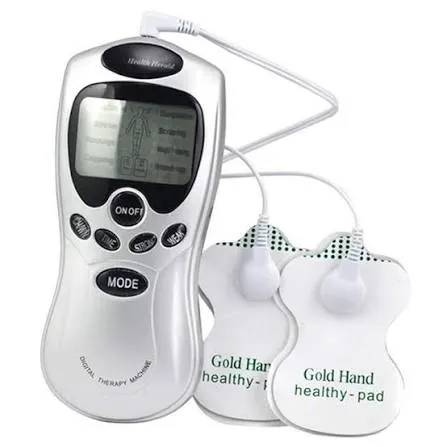 Handheld digital massager with control buttons and two adhesive electrode pads attached.