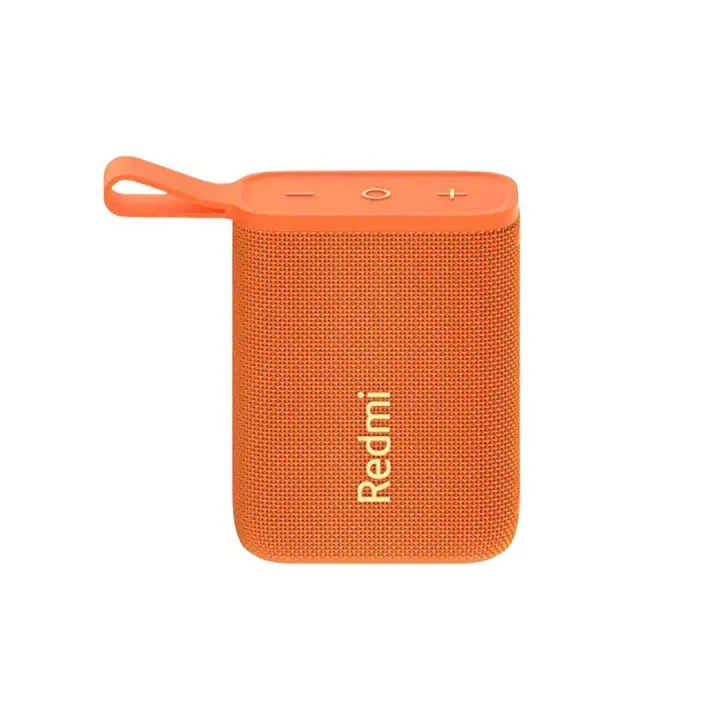 Orange rectangular Redmi portable speaker with control buttons and a carrying loop.