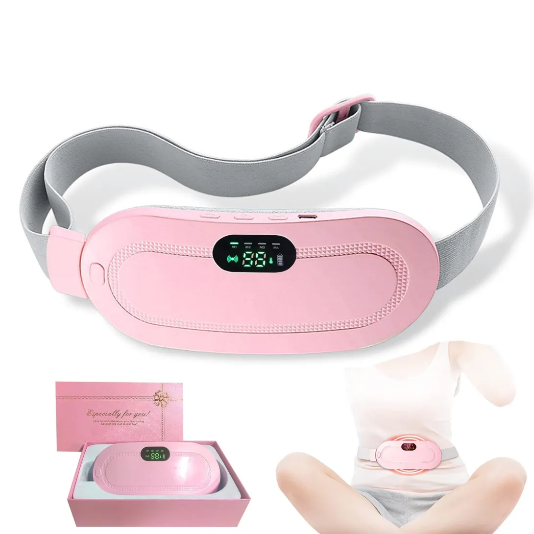 Pink electronic heating pad with adjustable gray strap and digital display, shown with packaging.