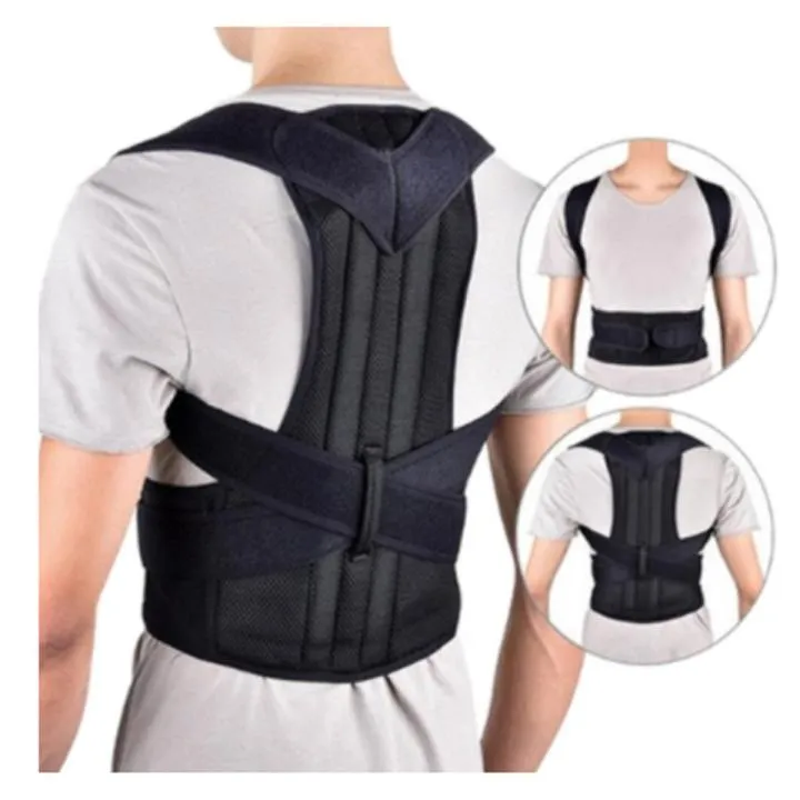 Person wearing a black posture corrector brace over a white shirt, shown from the back.