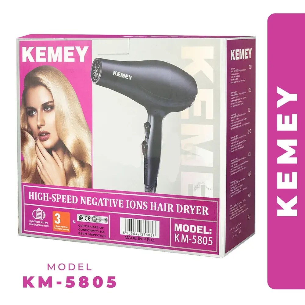 Kemey hair dryer packaging with a photo of a woman and product details in pink and white.