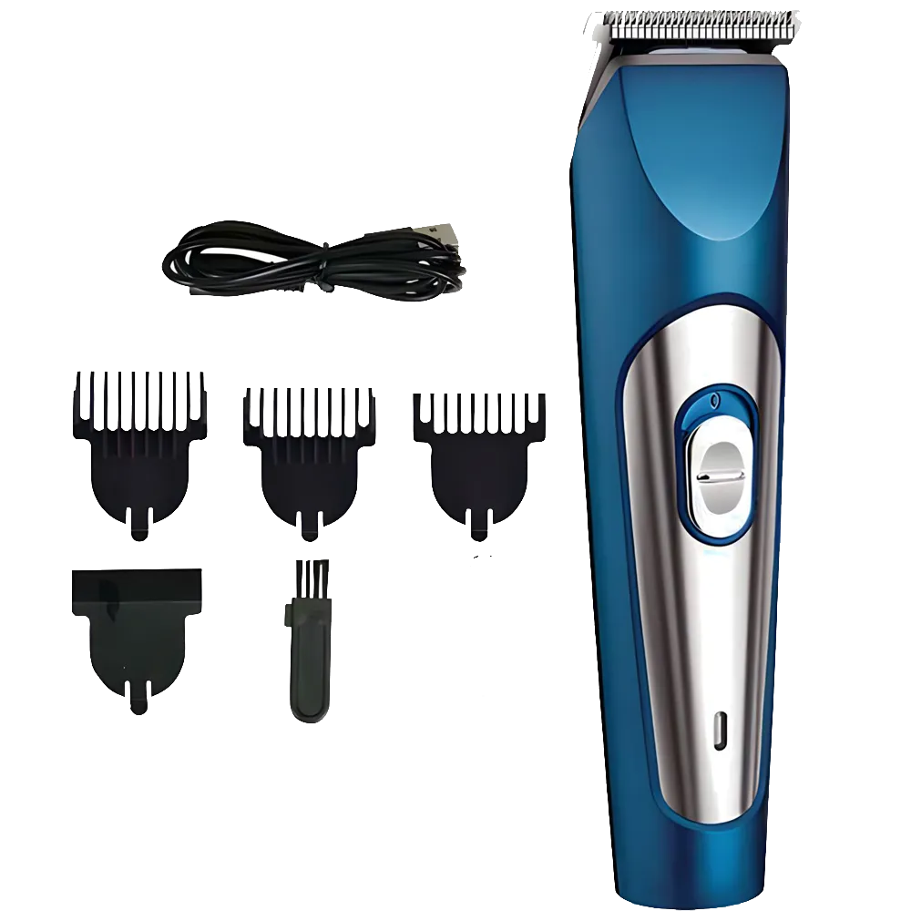 Blue electric hair trimmer with four clipper guards and a charging cable.