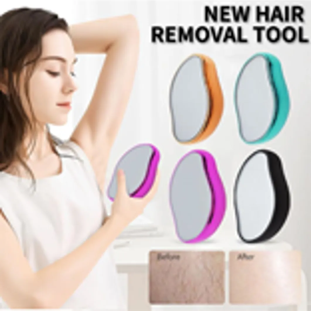 Woman using a handheld hair removal tool, shown in multiple colors, with before and after results.