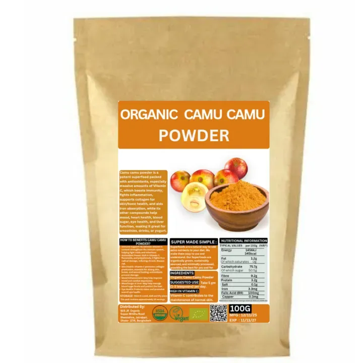 Brown resealable bag labeled organic camu camu powder with fruit and powder image on label.