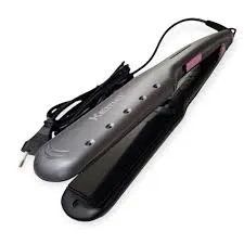 Black and silver hair straightener with a power cord and visible control buttons.