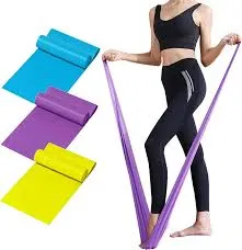 Woman exercising with a purple resistance band, three rolled bands in blue, purple, and yellow nearby.