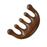 Brown wooden scalp massager with five rounded prongs on a white background.
