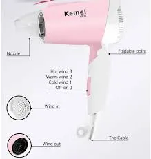 Diagram of a pink and white hair dryer with labeled parts and settings.