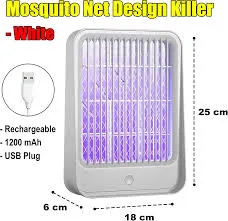White electric mosquito killer with purple light, USB cord, and size dimensions shown.