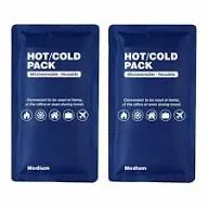 Two blue rectangular hot and cold packs with white text and icons on the front.
