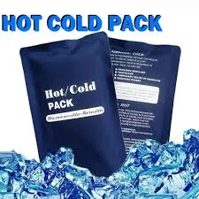 Two navy blue hot and cold gel packs with ice cubes at the bottom.