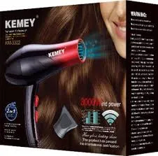 Kemey hair dryer product packaging with a close-up of a woman's hair in the background.