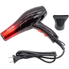 Black and red hair dryer with power cord and detachable nozzle attachment.