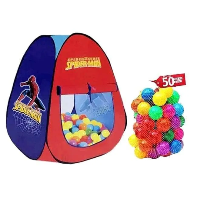 Spider-Man themed play tent with colorful plastic balls in a mesh bag.