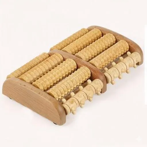 Wooden foot massager with multiple textured rollers on a light background.