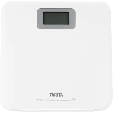 White digital bathroom scale with a rectangular display screen.