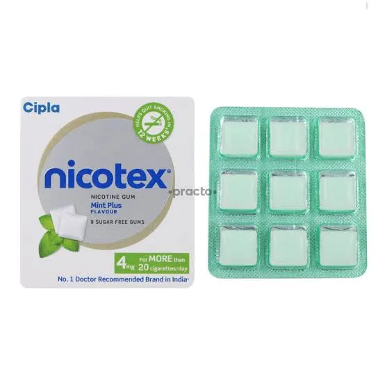 Nicotex mint gum packaging with a blister pack of nine white chewing gums.