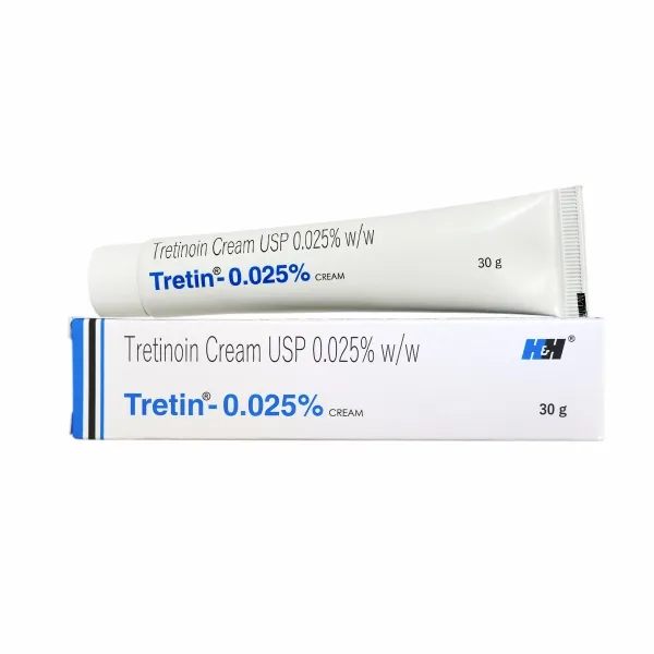 Tretinoin cream tube and box with blue and white packaging, .025% strength, 20g size.