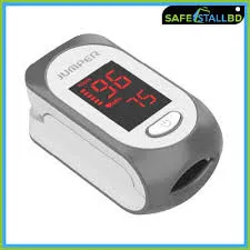 Gray and white fingertip pulse oximeter displaying red digital readings.
