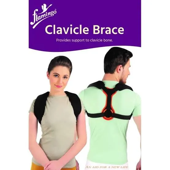 Woman and man wearing a black clavicle brace, shown from front and back.