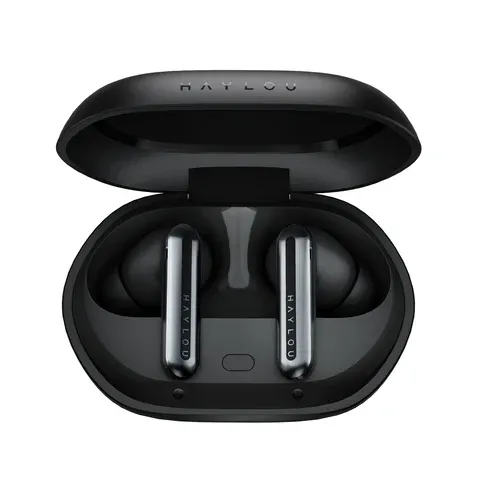 Black wireless earbuds in an open charging case