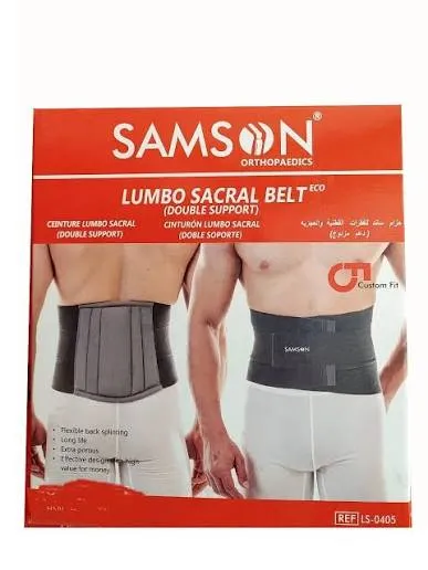 Samson lumbo sacral belt packaging with product images on waist of two people.
