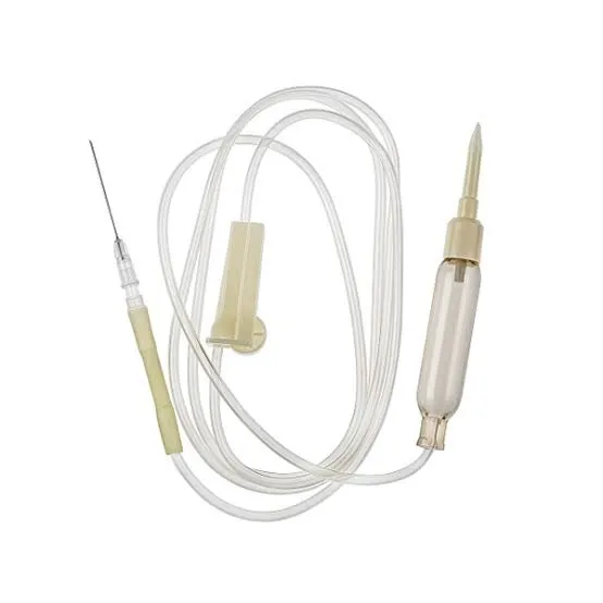 Clear IV infusion set with needle, drip chamber, and flexible tubing.