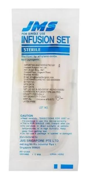 JMS sterile infusion set packaging with blue and black text on a white background.