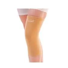 Person wearing a beige knee support sleeve on one leg.
