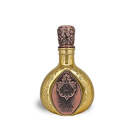 Gold ornate perfume bottle with a decorative copper label and cap.