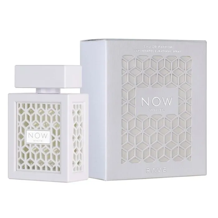 White perfume bottle with geometric pattern next to matching decorative box.