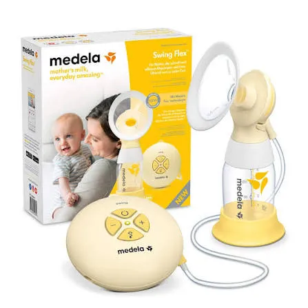 Medela breast pump set with control unit, bottle, and product box featuring a baby.
