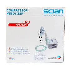 Scian compressor nebulizer product packaging with device image and accessories.