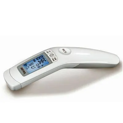 Digital forehead thermometer with LCD display and buttons on a white background.
