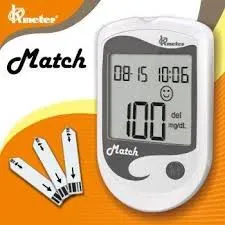 Digital blood glucose meter with test strips on an orange background.
