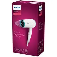 Philips hair dryer packaging with white dryer on a purple box.