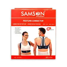 Samson posture corrector product packaging with two models wearing the device.