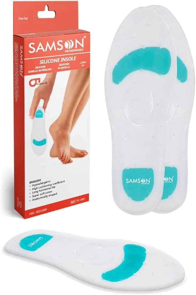 Gel insoles with turquoise pads and packaging showing their use on a foot.