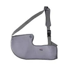 Gray orthopedic arm sling with adjustable shoulder strap