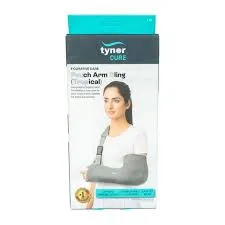 Product packaging showing a woman wearing a grey arm sling.