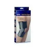 Product packaging for a knee support brace featuring a photo of the brace on a leg.