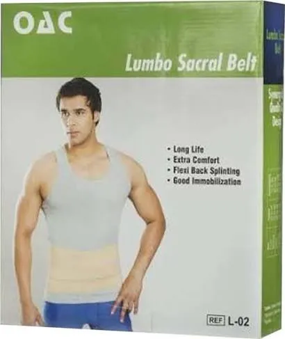 Man wearing a lumbo sacral belt on product packaging with green and white design.
